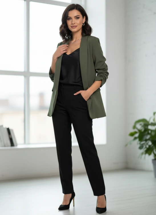 Elegancka Marynarka damska 3/4 rękaw drapowany khaki - rozmiar uniwersalny