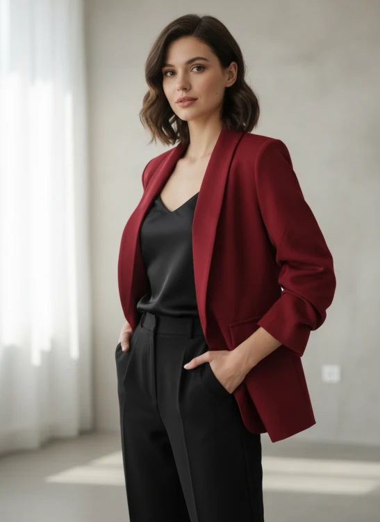 Elegancka Marynarka damska 3/4 rękaw drapowany bordowa - rozmiar uniwersalny