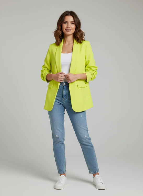 Elegancka Marynarka damska 3/4 rękaw drapowany limonkowa - rozmiar uniwersalny